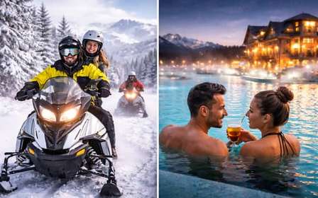Cracovia: Paseo en moto de nieve con piscinas termales y servicio de recogida del hotel